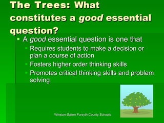The Trees:  What constitutes a  good  essential question? A  good  essential question is one that Requires students to make a decision or plan a course of action Fosters higher order thinking skills Promotes critical thinking skills and problem solving 