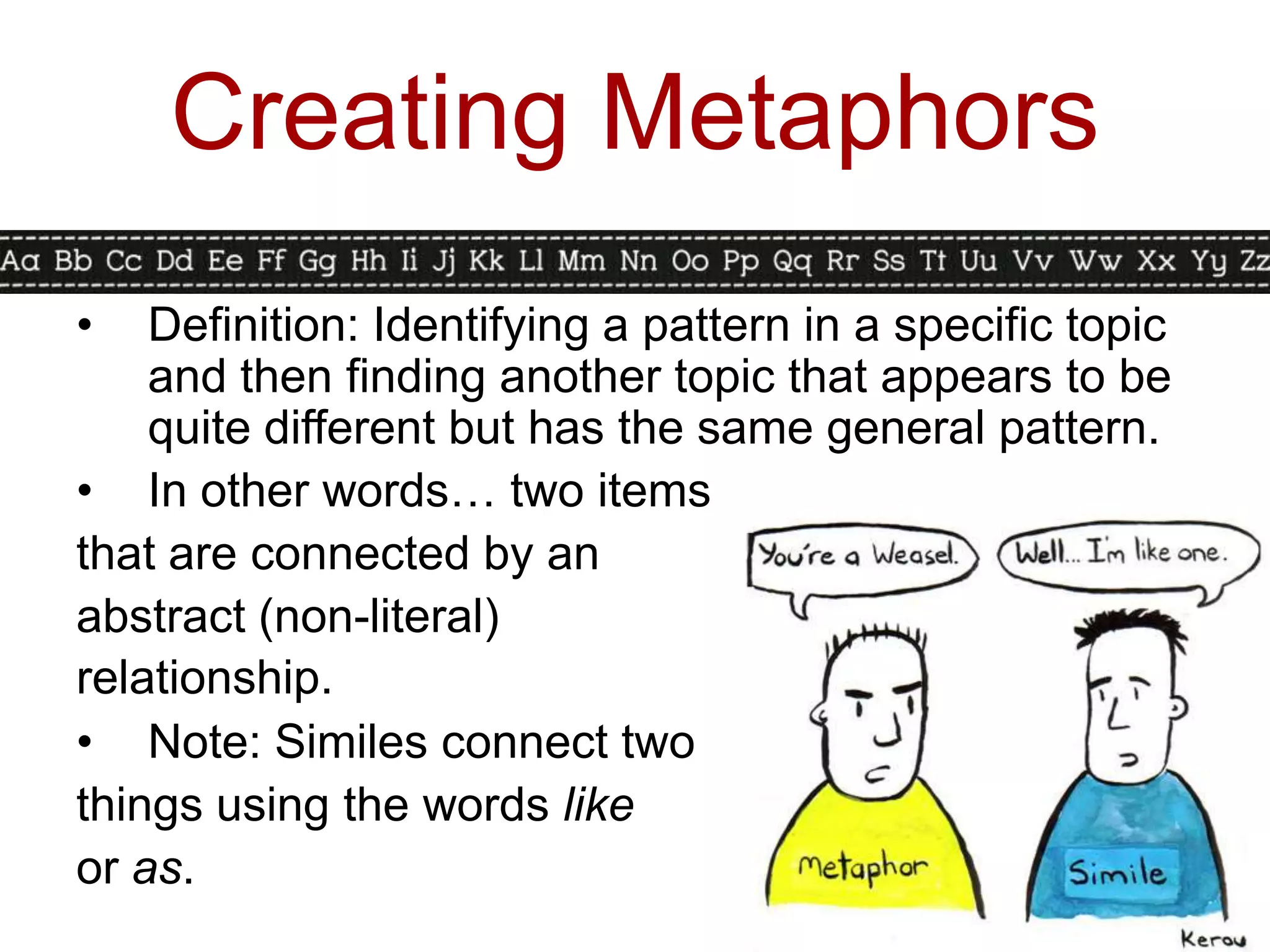 Creating Metaphors
•   Definition: Identifying a pattern in a specific topic
    and then finding another topic that appears to be
    quite different but has the same general pattern.
• In other words… two items
that are connected by an
abstract (non-literal)
relationship.
• Note: Similes connect two
things using the words like
or as.
 