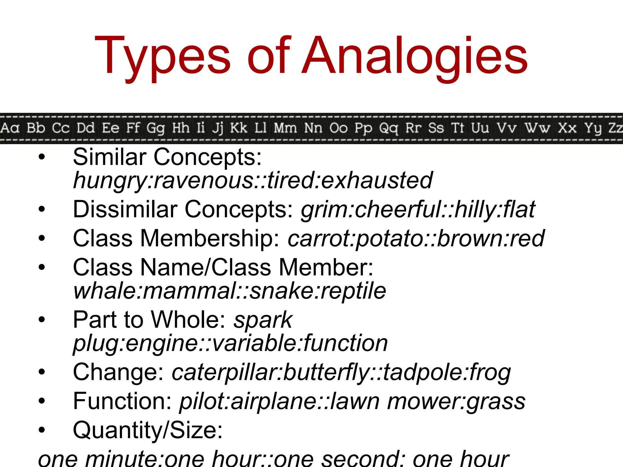 Types of Analogies
•   Similar Concepts:
    hungry:ravenous::tired:exhausted
•   Dissimilar Concepts: grim:cheerful::hilly:flat
•   Class Membership: carrot:potato::brown:red
•   Class Name/Class Member:
    whale:mammal::snake:reptile
•   Part to Whole: spark
    plug:engine::variable:function
•   Change: caterpillar:butterfly::tadpole:frog
•   Function: pilot:airplane::lawn mower:grass
•   Quantity/Size:
 