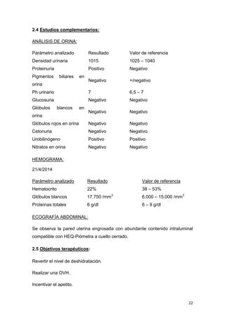 22
2.4 Estudios complementarios:
ANÁLISIS DE ORINA:
Parámetro analizado Resultado Valor de referencia
Densidad urinaria 1015 1025 – 1040
Proteinuria Positivo Negativo
Pigmentos biliares en
orina
Negativo +/negativo
Ph urinario 7 6,5 – 7
Glucosuria Negativo Negativo
Glóbulos blancos en
orina
Negativo Negativo
Glóbulos rojos en orina Negativo Negativo
Cetonuria Negativo Negativo
Urobilinógeno Positivo Positivo
Nitratos en orina Negativo Negativo
HEMOGRAMA:
21/4/2014
Parámetro analizado Resultado Valor de referencia
Hematocrito 22% 38 – 53%
Glóbulos blancos 17.750 /mm3
6.000 – 15.000 /mm3
Proteínas totales 6 g/dl 6 – 9 g/dl
ECOGRAFÍA ABDOMINAL:
Se observa la pared uterina engrosada con abundante contenido intraluminal
compatible con HEQ-Piómetra a cuello cerrado.
2.5 Objetivos terapéuticos:
Revertir el nivel de deshidratación.
Realizar una OVH.
Incentivar el apetito.
 