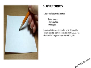 SUPLETORIOS

Los supletorios para:

    Exámenes
     Versículos
    Trabajos

Los supletorios tendrán una donación
establecido por el comité de CLASE. La
donación sugerida es de USD3,00
 