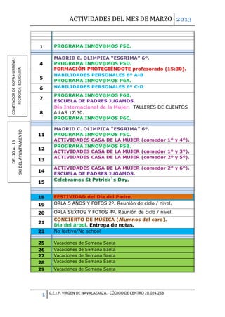 ACTIVIDADES DEL MES DE MARZO 2013



                             1      PROGRAMA INNOV@MOS P5C.

                                    MADRID C. OLIMPICA “ESGRIMA” 6º.
CONTENDOR DE ROPA HUMANA.-




                             4      PROGRAMA INNOV@MOS P5D.
                                    FORMACIÓN PROTEGIÉNDOTE profesorado (15:30).
    RECOGIDA SOLIDARIA




                                    HABILIDADES PERSONALES 6º A-B
                             5
                                    PROGRAMA INNOV@MOS P6A.
                             6      HABILIDADES PERSONALES 6º C-D
                                    PROGRAMA INNOV@MOS P6B.
                             7
                                    ESCUELA DE PADRES JUGAMOS.
                                    Día Internacional de la Mujer. TALLERES DE CUENTOS
                             8      A LAS 17:30.
                                    PROGRAMA INNOV@MOS P6C.

                                    MADRID C. OLIMPICA “ESGRIMA” 6º.
SKI DEL AYUNTAMIENTO




                             11     PROGRAMA INNOV@MOS P5C.
                                    ACTIVIDADES CASA DE LA MUJER (comedor 1º y 4º).
      DEL 10 AL 15




                                    PROGRAMA INNOV@MOS P5B.
                             12
                                    ACTIVIDADES CASA DE LA MUJER (comedor 1º y 3º).
                                    ACTIVIDADES CASA DE LA MUJER (comedor 2º y 5º).
                             13
                                    ACTIVIDADES CASA DE LA MUJER (comedor 2º y 6º).
                             14
                                    ESCUELA DE PADRES JUGAMOS.
                                    Celebramos St Patrick´s Day.
                             15


                             18     FESTIVIDAD del Día del Padre.
                             19     ORLA 5 AÑOS Y FOTOS 2º. Reunión de ciclo / nivel.

                             20     ORLA SEXTOS Y FOTOS 4º. Reunión de ciclo / nivel.
                                    CONCIERTO DE MÚSICA (Alumnos del coro).
                             21
                                    Día del árbol. Entrega de notas.
                             22     No lectivo/No school

                             25     Vacaciones de Semana Santa
                             26     Vacaciones de Semana Santa
                             27     Vacaciones de Semana Santa
                             28     Vacaciones de Semana Santa
                             29     Vacaciones de Semana Santa




                              1   C.E.I.P. VIRGEN DE NAVALAZARZA.- CÓDIGO DE CENTRO 28.024.253
 