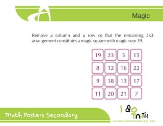 Magic
Re ve a c u
a d a r w s that the re ai i g 3x3
arra ge e t c stitutes a agic square with agic su 39

19

23

5

15

8

12

16

22

9

18

13

17

11

20

21

7

 