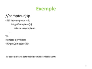 Exemple
//compteur.jsp
<%! int compteur = 0;
int getCompteur() {
return ++compteur;
}
%>
Nombre de visites:
<%=getCompteur()%>
12
Le code ci-dessus sera traduit dans le servlet suivant:
 