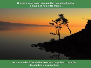 O mesmo calor solar, que mantém no estado líquidoO mesmo calor solar, que mantém no estado líquido
a água dos rios e dos mares,a água dos rios e dos mares,
conduz a seiva à fronde das árvores e faz pulsar o coraçãoconduz a seiva à fronde das árvores e faz pulsar o coração
dos abutres e das pombas.dos abutres e das pombas.
 