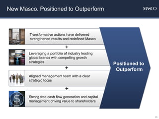 +
+
New Masco. Positioned to Outperform
Leveraging a portfolio of industry leading
global brands with compelling growth
strategies
Aligned management team with a clear
strategic focus
Strong free cash flow generation and capital
management driving value to shareholders
+
Transformative actions have delivered
strengthened results and redefined Masco
25
Positioned to
Outperform
 