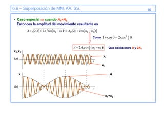 6.6 – Superposición de MM. AA. SS.
• Caso especial  cuando A1=A2
Entonces la amplitud del movimiento resultante es
   
 
t
A
t
A
A
A 1
2
1
1
2
2
1
2
1 cos
1
2
cos
2
2 









Como 


 2
1
2
cos
2
cos
1
 t
A
A 1
2
2
1
1cos
2 


 Que oscila entre 0 y 2A1
x
x1,x2
A
x1+x2
x1
x2
16
 