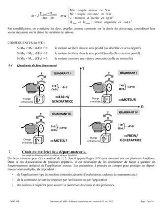 dt=J.
 final−initial
Mm – Mr
avec
{
Mm : couple moteur en N.m
Mr : couple résistant en N.m
J : moment d ' inertie en kg.m
2
 final et initial : vitesse angulaire en rad.s
-1
Par simplification, on considère les deux couples comme constants sur la durée du démarrage, considérant leur
valeur moyenne sur la phase de variation de vitesse.
CONSEQUENCES du PFD :
Si MM > MR ; dΩ/dt > 0 le moteur accélère dans le sens positif (ou décélère en sens négatif)
Si MM < MR ; dΩ/dt < 0 le moteur décélère dans le sens positif (ou décélère en sens positif)
Si MM = MR ; dΩ/dt = 0 le moteur conserve une vitesse constante (nulle ou non nulle)
6.4 Quadrants de fonctionnement
7 Choix du matériel de « départ-moteur ».
(cas simple du démarrage direct en solution ancienne 3 produits)
Un départ-moteur peut être constitué de 1, 2, 3ou 4 appareillages différents assurant une ou plusieurs fonctions.
Dans le cas d'association de plusieurs appareils, il est nécessaire de les coordonner de façon à garantir un
fonctionnement optimisé de l’application moteur. Les paramètres à prendre en compte pour protéger un départ-
moteur sont multiples, ils dépendent :
• de l'application (type de machine entraînée,sécurité d'exploitation, cadence de manœuvre,etc.)
• de la continuité de service imposée par l'utilisation ou par l'application
• des normes à respecter pour assurer la protection des biens et des personnes.
PMS-LFM Document réf. MAS - le Moteur Asynchrone.odt, version du 15 avr. 2012 Page 17 sur 34
 