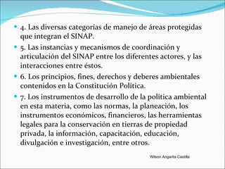 4. Las diversas categorías de manejo de áreas protegidas que integran el SINAP. 5. Las instancias y mecanismos de coordinación y articulación del SINAP entre los diferentes actores, y las interacciones entre éstos. 6. Los principios, fines, derechos y deberes ambientales contenidos en la Constitución Política. 7. Los instrumentos de desarrollo de la política ambiental en esta materia, como las normas, la planeación, los instrumentos económicos, financieros, las herramientas legales para la conservación en tierras de propiedad privada, la información, capacitación, educación, divulgación e investigación, entre otros. Wilson Angarita Castilla 