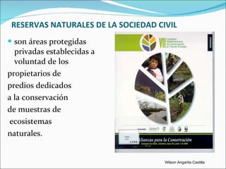 RESERVAS NATURALES DE LA SOCIEDAD CIVIL son áreas protegidas privadas establecidas a voluntad de los propietarios de  predios dedicados  a la conservación  de muestras de ecosistemas  naturales. Wilson Angarita Castilla 