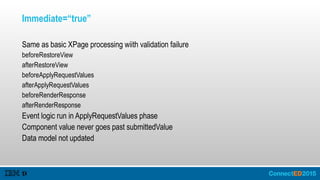 Immediate=“true”
Same as basic XPage processing wiith validation failure
beforeRestoreView
afterRestoreView
beforeApplyRequestValues
afterApplyRequestValues
beforeRenderResponse
afterRenderResponse
Event logic run in ApplyRequestValues phase
Component value never goes past submittedValue
Data model not updated
 