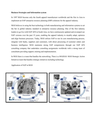 Business Strategies and Information system 
In 1997 MAS become only the fourth apparel manufacturer worldwide and the first in Asia to 
implement an SAP enterprise resource planning (ERP) solutions for the apparel industry. 
MAS believes in using the best technology in both manufacturing and information systems to set 
the bar in global industry standard in enterprise resource planning. One of the first industry 
leaders to go live with SAP AFS in South Asia, we have continuously updated and revamped our 
SAP versions over the past 15 years, enabling the apparel industry to steadily adapt, optimize 
and align business processes. Today, MAS utilizes SAP to run its core manufacturing process, 
integrate with banks, suppliers and customers, with direct processing of customer orders and 
business intelligence. MAS maintains strong SAP competencies through our SAP AFS 
consulting company that undertakes consulting assignments worldwide with a strong team of 
consultants providing support, training and implementation. 
In MAS there is a team that handles the networking. There is a MASSAI- MAS Strategic Action 
Initiatives-team that handles strategic initiatives including technology. 
Application of SAP in MAS 
 