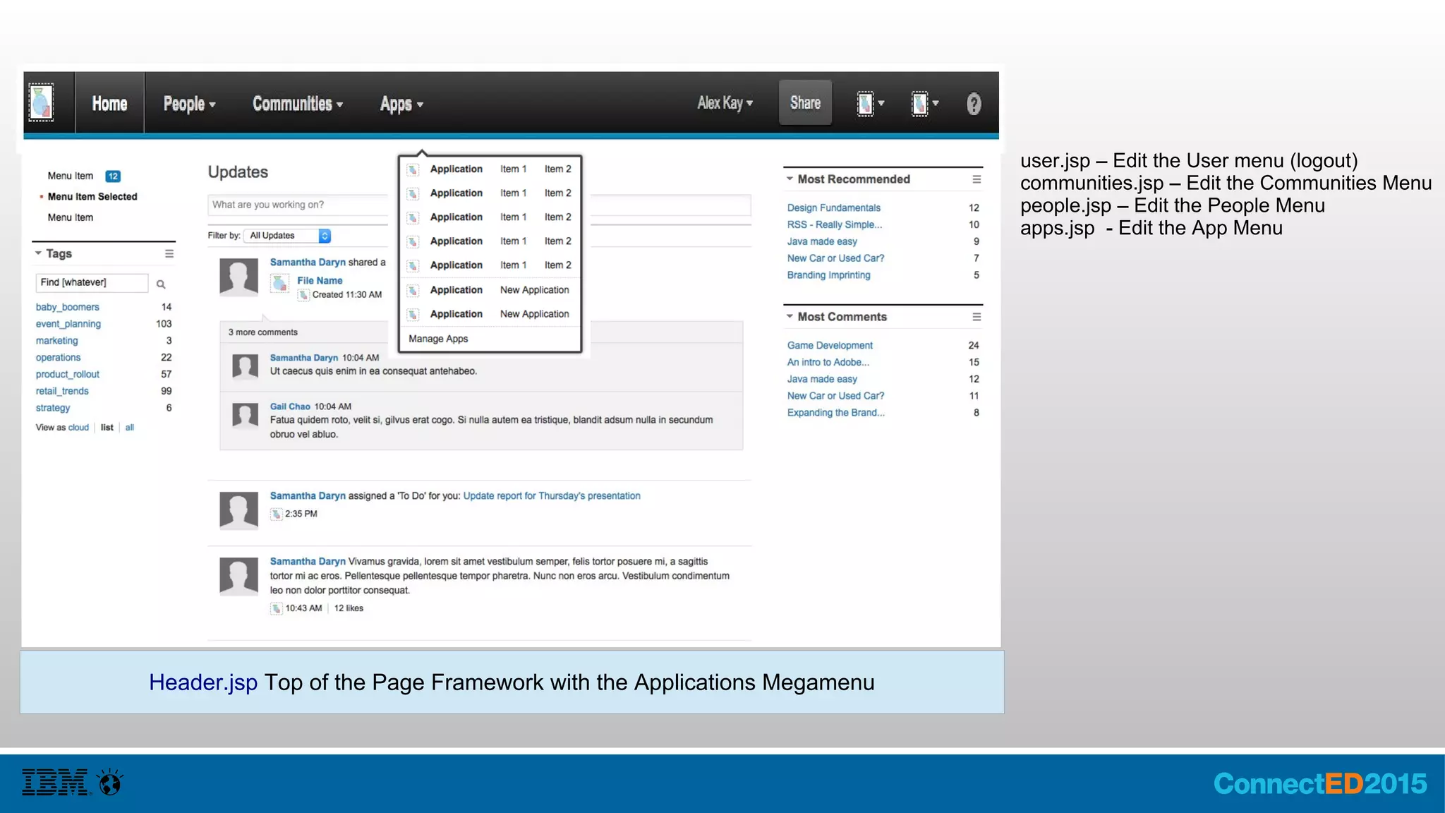 Header.jsp Top of the Page Framework with the Applications Megamenu
user.jsp – Edit the User menu (logout)
communities.jsp – Edit the Communities Menu
people.jsp – Edit the People Menu
apps.jsp - Edit the App Menu
 