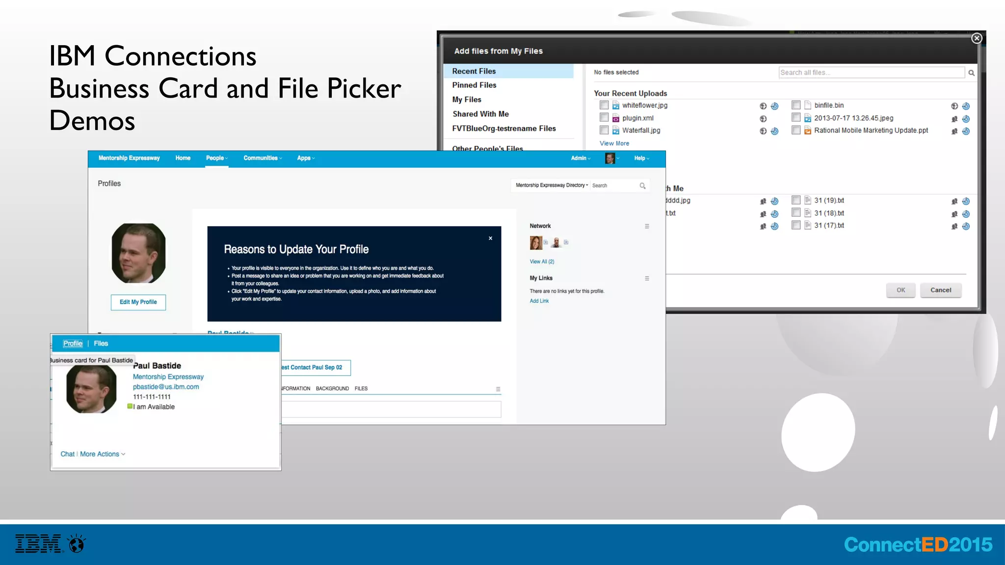 iWidget Key Elements
● User Profile is available via iContext:
– this.iContext.getUserProfile().getItemValue('userid');
– Also you can use email, displayName
● Preferences may be persisted:
– this.iContext.getiWidgetAttributes().setItemValue("nam
e", "myValue");
– this.iContext.getiWidgetAttributes().save();
– Be Sure to define the itemset in the widget-config.xml
for that widget.
● Use the AjaxProxy
– var myUrl = "http://mycompany.com/test.xml";
– var proxiedURL = this.iContext.io.rewriteURI(myUrl);
● Reuse the CSS of the Page
– Single Domain Rendering means IBM
Connections JavaScript, CSS and Dojo are
already loaded
● Use Modes
– this.iContext.iEvents.fireEvent("onModeChan
ged", null, "{newMode: 'view'}");
● Use Dojo pubsub to message between
iWidgets or use window.postMessage
● Be Sure to Limit the Number of Requests
– Defer as much to the Available CSS
– Cache as Much as Possible on the Browser
– Use the Scope
http://ibm.co/1sQKJTH
 
