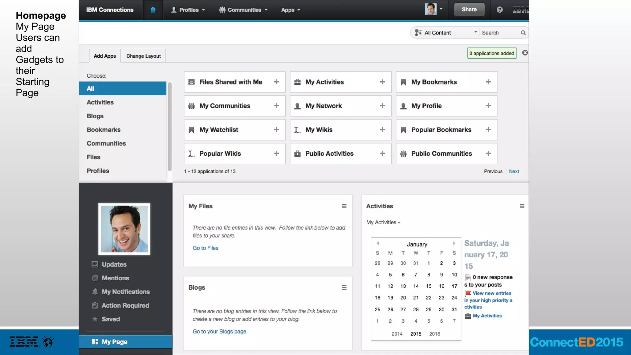 Communities Layout
Communities
Disable showing in palette
using showInPallete=false
(part of widgetDef)
Define widgetDef and layout
under the communities
resource (col1, col3)
Template defines what
widgets are automatically
activated when creating a
new community.
 