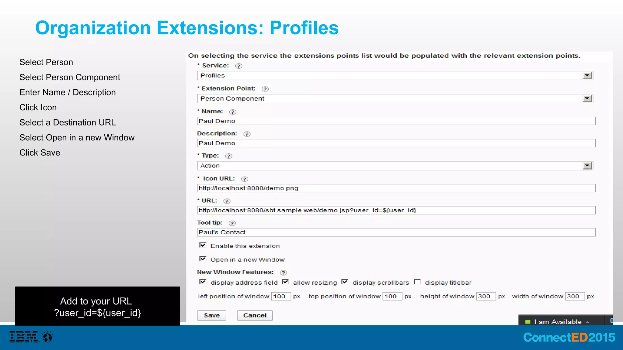 Organization Extensions: Files
Select Files
Select File Menu
Enter Name / Description
Click Icon
Select a Destination URL
Select Open in a new Window
Click Save
Add to your URL
?file_id=${file_id}
 