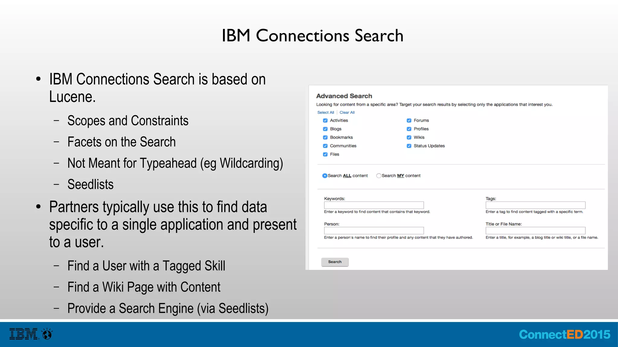 Authentication and Authorization Types
1. Security Assertion Markup Language, (SAML
1.1/2.0) enables an organization to link their
Identity Provider with IBM SmartCloud for Social
Business.
2. OAuth (1.0a/2.0) enables a user to register an
application with IBM SmartCloud for Social
Business and download a Public/Private Key to
request credentials for a User and use the
response to the request to access the backend
services.
3. Basic Auth enables a person to access a website
using a Base64 encoding of a
username:password.
4. App Passwords enables a application to access
a website using a Base64 encoding of a
username:app_specific_password
 