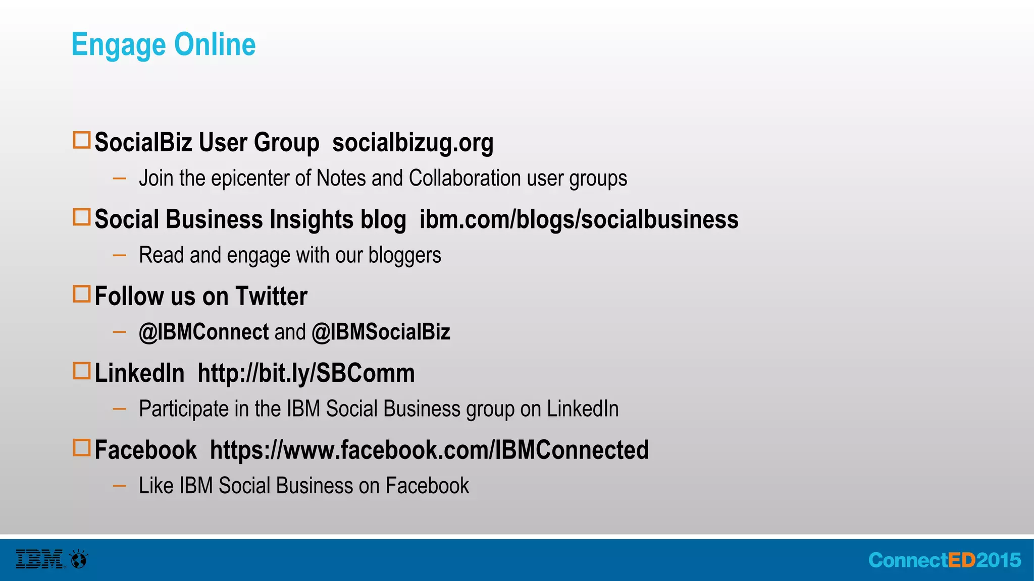 Configure Administration
For Homepage
● Navigate to the WebSphere Console
● Click Applications > All Applications
● Select the App you need to configure
● Click Mappings for Security/Roles
● Find Your User Id
● Click Ok
● Reference Admins
For Profiles and Communities
● Edit widget-config.xml
● Synchronize the Nodes
● Restart the AppServers
● Volia!
 