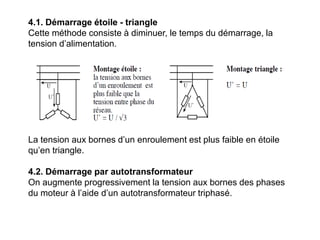4.1. Démarrage étoile - triangle
Cette méthode consiste à diminuer, le temps du démarrage, la
tension d’alimentation.
La tension aux bornes d’un enroulement est plus faible en étoile
qu’en triangle.
4.2. Démarrage par autotransformateur
On augmente progressivement la tension aux bornes des phases
du moteur à l’aide d’un autotransformateur triphasé.
 