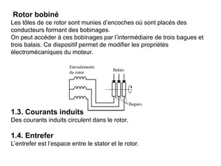Rotor bobiné
Les tôles de ce rotor sont munies d’encoches où sont placés des
conducteurs formant des bobinages.
On peut accéder à ces bobinages par l’intermédiaire de trois bagues et
trois balais. Ce dispositif permet de modifier les propriétés
électromécaniques du moteur.
1.3. Courants induits
Des courants induits circulent dans le rotor.
1.4. Entrefer
L’entrefer est l’espace entre le stator et le rotor.
 