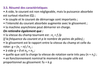 3.5. Résumé des caractéristiques
• A vide, le courant est non négligeable, mais la puissance absorbée
est surtout réactive (Q) ;
• le couple et le courant de démarrage sont importants ;
• l’intensité du courant absorbée augmente avec le glissement ;
• la machine asynchrone peut démarrer en charge.
On retiendra également que :
• la vitesse du champ tournant est : ns = f /p
(f la fréquence du courant et p le nombre de paires de pôles) ;
• le glissement est le rapport entre la vitesse du champ et celle du
rotor: g = (ns – n) / ns ;
• à vide g = 0 et n0 = nS ;
• quelle que soit la charge la vitesse de rotation varie très peu (n ≈ nS) ;
• en fonctionnement nominal le moment du couple utile est
proportionnel au glissement Tu = k.g
 
