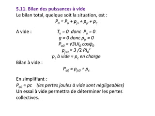 5.11. Bilan des puissances à vide
Le bilan total, quelque soit la situation, est :
Pa = Pu + pjs + pjr + pc
A vide : Tu = 0 donc Pu = 0
g = 0 donc pjr = 0
Pa0 = √3UI0 cosφ0
pjs0 = 3 /2 RI0
2
pc à vide ≈ pc en charge
Bilan à vide :
Pa0 = pjs0 + pc
En simplifiant :
Pa0 ≈ pc (les pertes joules à vide sont négligeables)
Un essai à vide permettra de déterminer les pertes
collectives.
 