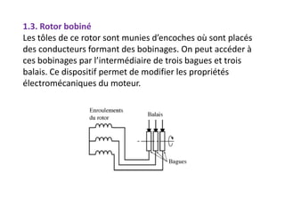 1.3. Rotor bobiné
Les tôles de ce rotor sont munies d’encoches où sont placés
des conducteurs formant des bobinages. On peut accéder à
ces bobinages par l’intermédiaire de trois bagues et trois
balais. Ce dispositif permet de modifier les propriétés
électromécaniques du moteur.
 