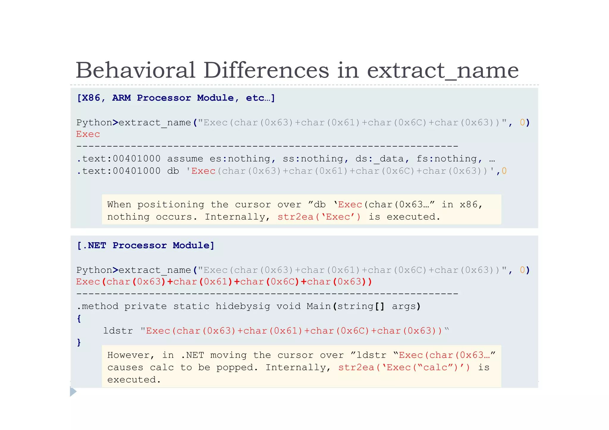 Behavioral Differences in extract_name	
 
[X86, ARM Processor Module, etc…]
Python>extract_name("Exec(char(0x63)+char(0x61)+char(0x6C)+char(0x63))", 0)
Exec
---------------------------------------------------------------
.text:00401000 assume es:nothing, ss:nothing, ds:_data, fs:nothing, …
.text:00401000 db 'Exec(char(0x63)+char(0x61)+char(0x6C)+char(0x63))',0
[.NET Processor Module]
Python>extract_name("Exec(char(0x63)+char(0x61)+char(0x6C)+char(0x63))", 0)
Exec(char(0x63)+char(0x61)+char(0x6C)+char(0x63))
---------------------------------------------------------------
.method private static hidebysig void Main(string[] args)
{
　　　　ldstr　"Exec(char(0x63)+char(0x61)+char(0x6C)+char(0x63))“
}
When positioning the cursor over ”db ‘Exec(char(0x63…” in x86,
nothing occurs. Internally, str2ea(‘Exec’) is executed.
However, in .NET moving the cursor over ”ldstr “Exec(char(0x63…”
causes calc to be popped. Internally, str2ea(‘Exec(“calc”)’) is
executed.
 