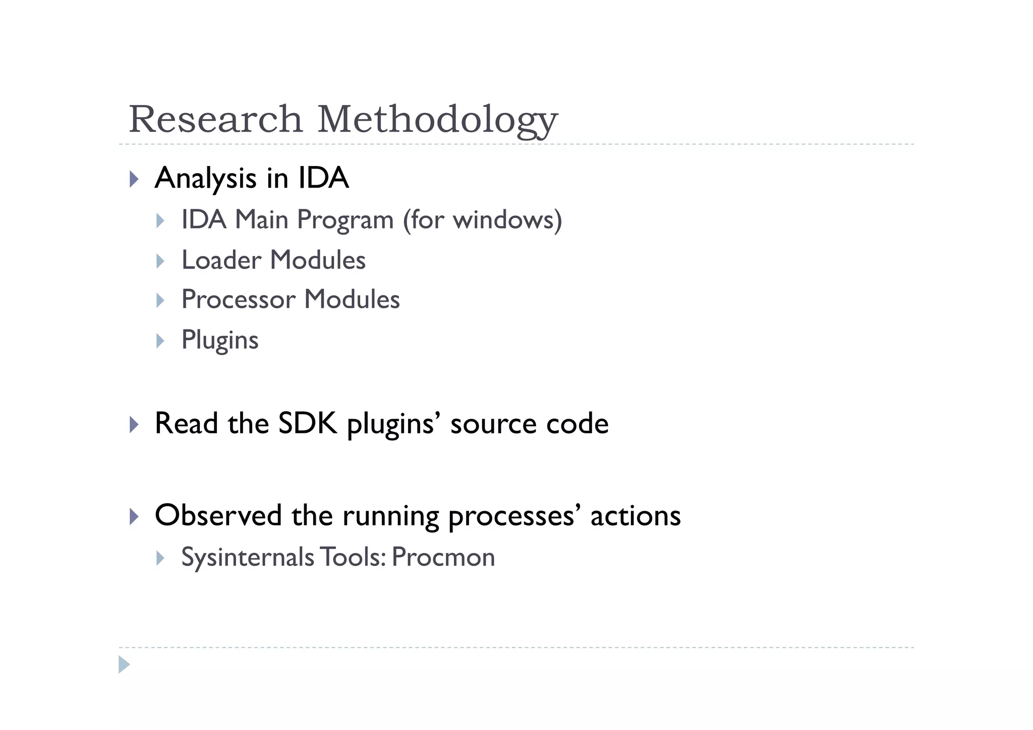 Research Methodology	
 
!  Analysis in IDA
!  IDA Main Program (for windows)
!  Loader Modules
!  Processor Modules
!  Plugins
!  Read the SDK plugins’ source code
!  Observed the running processes’ actions
!  Sysinternals Tools: Procmon
 