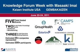 Knowledge Forum Week with Masaaki Imai
          Kaizen Institute USA                     GEMBAKAIZEN
                                      June 20-24, 2011

 FIVE        Total Hosted
             Events

 TWO       On-site Public Knowledge
           Forums
 • Healthcare
  • Manufacturing


 THREE          On-site Executive
                Working Sessions

 Estimated 35+ companies
 represented
 Estimated 300+ participants
 