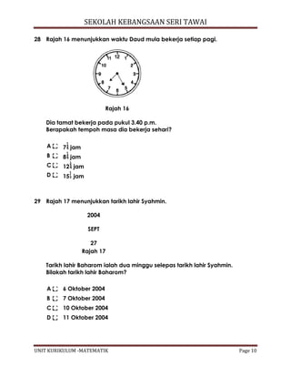 SEKOLAH KEBANGSAAN SERI TAWAI
UNIT KURIKULUM -MATEMATIK Page 10
28 Rajah 16 menunjukkan waktu Daud mula bekerja setiap pagi.
Rajah 16
Dia tamat bekerja pada pukul 3.40 p.m.
Berapakah tempoh masa dia bekerja sehari?
A 7 jam
B 8 jam
C 12 jam
D 15 jam
29 Rajah 17 menunjukkan tarikh lahir Syahmin.
2004
SEPT
27
Rajah 17
Tarikh lahir Baharom ialah dua minggu selepas tarikh lahir Syahmin.
Bilakah tarikh lahir Baharom?
A 6 Oktober 2004
B 7 Oktober 2004
C 10 Oktober 2004
D 11 Oktober 2004
 