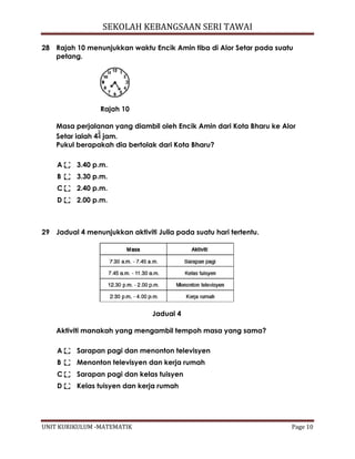 SEKOLAH KEBANGSAAN SERI TAWAI
UNIT KURIKULUM -MATEMATIK Page 10
28 Rajah 10 menunjukkan waktu Encik Amin tiba di Alor Setar pada suatu
petang.
Rajah 10
Masa perjalanan yang diambil oleh Encik Amin dari Kota Bharu ke Alor
Setar ialah 4 jam.
Pukul berapakah dia bertolak dari Kota Bharu?
A 3.40 p.m.
B 3.30 p.m.
C 2.40 p.m.
D 2.00 p.m.
29 Jadual 4 menunjukkan aktiviti Julia pada suatu hari tertentu.
Jadual 4
Aktiviti manakah yang mengambil tempoh masa yang sama?
A Sarapan pagi dan menonton televisyen
B Menonton televisyen dan kerja rumah
C Sarapan pagi dan kelas tuisyen
D Kelas tuisyen dan kerja rumah
 