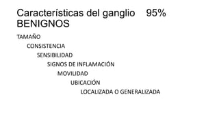 Características del ganglio 95%
BENIGNOS
TAMAÑO
CONSISTENCIA
SENSIBILIDAD
SIGNOS DE INFLAMACIÓN
MOVILIDAD
UBICACIÓN
LOCALIZADA O GENERALIZADA
 