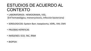 ESTUDIOS DE ACUERDO AL
CONTEXTO
• LABORATORIOS: HEMOGRAMA, VSG,
(Enf hematológica, mononucleosis, infección bacteriana)
• SEROLOGICOS: Epstein Barr, toxoplasma, VDRL, VIH, CMV
• PRUEBAS HEPATICAS
• IMÁGENES: ECO, TAC, RNM
• BIOPSIA
 