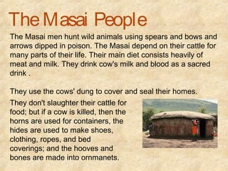 The Masai People
The Masai men hunt wild animals using spears and bows and
arrows dipped in poison. The Masai depend on their cattle for
many parts of their life. Their main diet consists heavily of
meat and milk. They drink cow's milk and blood as a sacred
drink .

They use the cows' dung to cover and seal their homes.
They don't slaughter their cattle for
food; but if a cow is killed, then the
horns are used for containers, the
hides are used to make shoes,
clothing, ropes, and bed
coverings; and the hooves and
bones are made into ornmanets.
 
