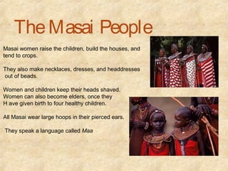 The Masai People
Masai women raise the children, build the houses, and
tend to crops.

They also make necklaces, dresses, and headdresses
out of beads.

Women and children keep their heads shaved.
Women can also become elders, once they
H ave given birth to four healthy children.

All Masai wear large hoops in their pierced ears.

They speak a language called Maa
 