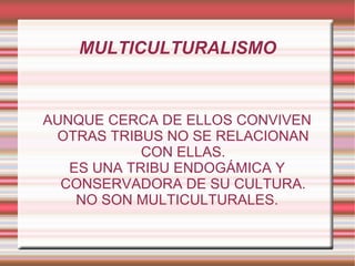 MULTICULTURALISMO AUNQUE CERCA DE ELLOS CONVIVEN OTRAS TRIBUS NO SE RELACIONAN CON ELLAS. ES UNA TRIBU ENDOGÁMICA Y CONSERVADORA DE SU CULTURA. NO SON MULTICULTURALES. 