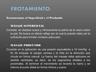 Encontramos el Superficial y el Profundo


MASAJE SUPERFICIAL

Consiste en deslizar suave y rítmicamente la palma de la mano sobre
la piel, Se busca un efecto reflejo por el cual la presión debe ser la
suficiente para brindar contacto adecuado.


MASAJE PROFUNDO

Consiste en la aplicación de una presión equivalente a 10 mm/Hg a
fin de empujar la sangre venosa y la linfa en la dirección que
circula en forma natural. La fuerza del masaje debe aplicarse en
sentido centrípeto, es decir, de los segmentos dístales a los
proximales. Al terminar el movimiento se levanta la mano y se
retorna al punto distal en forma rítmica y suave.

 