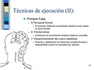 Técnicas de ejecución (II): Primera Fase 5:Temporal-frontal Fricciones rotativas centrípetas desde la sien hasta la zona frontal 6: Fronto/vértex Continuar el movimiento anterior hasta la coronilla 7: Desprendimiento del cuero cabelludo Presión y distensión en dirección occipito-frontal e interparietal (como la maniobra de Jaquet) 