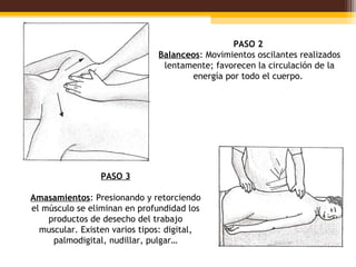 PASO 2 
                               Balanceos: Movimientos oscilantes realizados
                                lentamente; favorecen la circulación de la
                                      energía por todo el cuerpo. 




                 PASO 3

Amasamientos: Presionando y retorciendo
el músculo se eliminan en profundidad los
    productos de desecho del trabajo
  muscular. Existen varios tipos: digital,
     palmodigital, nudillar, pulgar…
 