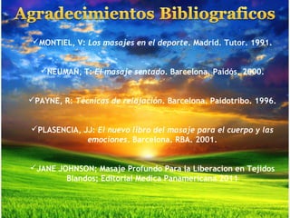 MONTIEL, V: Los masajes en el deporte. Madrid. Tutor. 1991.


   NEUMAN, T: El masaje sentado. Barcelona. Paidós. 2000.


PAYNE, R: Técnicas de relajación. Barcelona. Paidotribo. 1996.


PLASENCIA, JJ: El nuevo libro del masaje para el cuerpo y las
             emociones. Barcelona. RBA. 2001.


JANE JOHNSON; Masaje Profundo Para la Liberacion en Tejidos
        Blandos; Editorial Medica Panamericana 2011
 