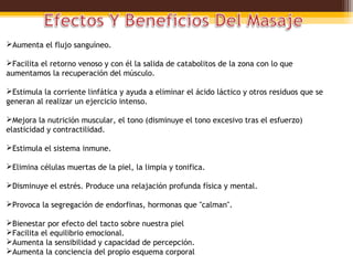 Aumenta el flujo sanguíneo.

Facilita el retorno venoso y con él la salida de catabolitos de la zona con lo que
aumentamos la recuperación del músculo.

Estimula la corriente linfática y ayuda a eliminar el ácido láctico y otros residuos que se
generan al realizar un ejercicio intenso.

Mejora la nutrición muscular, el tono (disminuye el tono excesivo tras el esfuerzo)
elasticidad y contractilidad.

Estimula el sistema inmune.

Elimina células muertas de la piel, la limpia y tonifica.

Disminuye el estrés. Produce una relajación profunda física y mental.

Provoca la segregación de endorfinas, hormonas que "calman".

Bienestar por efecto del tacto sobre nuestra piel
Facilita el equilibrio emocional.
Aumenta la sensibilidad y capacidad de percepción.
Aumenta la conciencia del propio esquema corporal
 