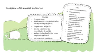 Beneficios del masaje infantile:
Padres:
• Es placentero.
• Ayuda a reducir las posibilidades
de depresión post-parto.
• Proporciona relajación.
• Enseña a conocer las
necesidades de su hijo.
• Mejora el vínculo afectivo entre
los padres y el bebé.
• Incrementa la confianza.
 