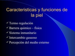 Caracteristicas y funciones de la piel Termo regulación Barrera quimico – fisica Sistema inmunitario Intercambio gaseoso Percepción del medio externo 