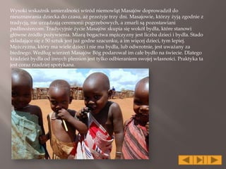 Wysoki wskaźnik umieralności wśród niemowląt Masajów doprowadził do
nieuznawania dziecka do czasu, aż przeżyje trzy dni. Masajowie, którzy żyją zgodnie z
tradycją, nie urządzają ceremonii pogrzebowych, a zmarli są pozostawiani
padlinożercom. Tradycyjnie życie Masajów skupia się wokół bydła, które stanowi
główne źródło pożywienia. Miarą bogactwa mężczyzny jest liczba dzieci i bydła. Stado
składające się z 50 sztuk jest już godne szacunku, a im więcej dzieci, tym lepiej.
Mężczyzna, który ma wiele dzieci i nie ma bydła, lub odwrotnie, jest uważany za
biednego. Według wierzeń Masajów Bóg podarował im całe bydło na świecie. Dlatego
kradzież bydła od innych plemion jest tylko odbieraniem swojej własności. Praktyka ta
jest coraz rzadziej spotykana.
 