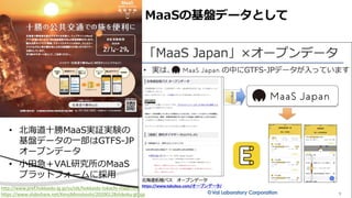 • 北海道十勝MaaS実証実験の
基盤データの一部はGTFS-JP
オープンデータ
• 小田急＋VAL研究所のMaaS
プラットフォームに採用
MaaSの基盤データとして
http://www.pref.hokkaido.lg.jp/ss/stk/hokkaido-tokachi-maas.htm
https://www.slideshare.net/KenjiMorohoshi/20200128shikoku-gtfsjp
 