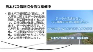 • 日本バス情報協会(仮)は、バ
ス事業に関するデータの整備、
流通、利活用を推進すること
で、公共交通の発展に貢献し
ます。データの利活用で、バ
ス利用者への情報提供の円滑
化、バス事業の効率化や高度
化、交通政策やまちづくりな
どとの連携を目指します。
日本バス情報協会設立準備中
 