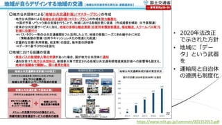 • 2020年法改正
で示された方針
• 地域に「デー
タ」という武器
を
• 運輸局と自治体
の連携も制度化
https://www.mlit.go.jp/common/001352013.pdf
 