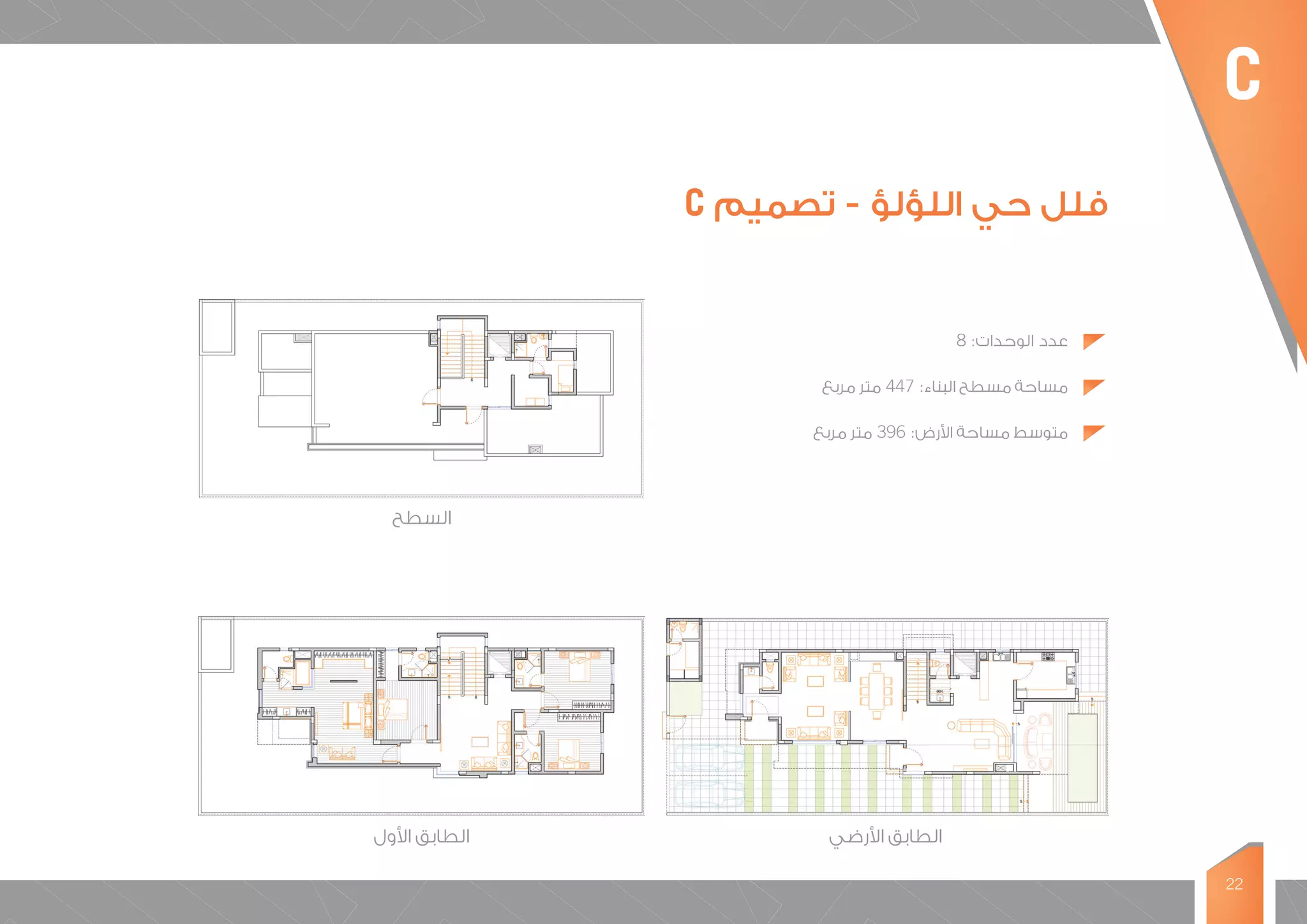 22
‫األرضي‬ ‫الطابق‬‫األول‬ ‫الطابق‬
‫السطح‬
8 :‫الوحدات‬ ‫عدد‬ 	
‫مربع‬ ‫متر‬ 447 :‫البناء‬ ‫مسطح‬ ‫مساحة‬ 	
‫مربع‬ ‫متر‬ 396 :‫األرض‬ ‫مساحة‬ ‫متوسط‬ 	
C ‫تصميم‬ - ‫اللؤلؤ‬ ‫حي‬ ‫فلل‬
C
 