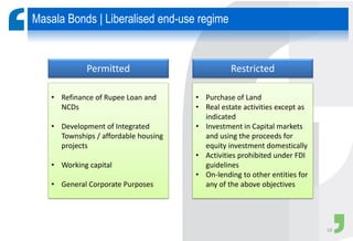 Masala Bonds | Liberalised end-use regime
• Refinance of Rupee Loan and
NCDs
• Development of Integrated
Townships / affordable housing
projects
• Working capital
• General Corporate Purposes
• Purchase of Land
• Real estate activities except as
indicated
• Investment in Capital markets
and using the proceeds for
equity investment domestically
• Activities prohibited under FDI
guidelines
• On-lending to other entities for
any of the above objectives
Permitted Restricted
10
 